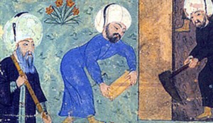 Një pikturë miniaturë nga Nakkas Osmani (1579) përshkruan një njeri me një staf (L), mendohet të jetë arkitekt i famshëm Mimar Sinan, përgatitur varrin e Sulltan Sulejmanit I të Madhërishëm. (Foto nga Wikimedia Commons)